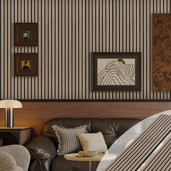 Panel de pared interior de madera acanalada con diseño de MDF WPC de PVC ecológico natural, panel acústico decorativo 3D de madera para pared.